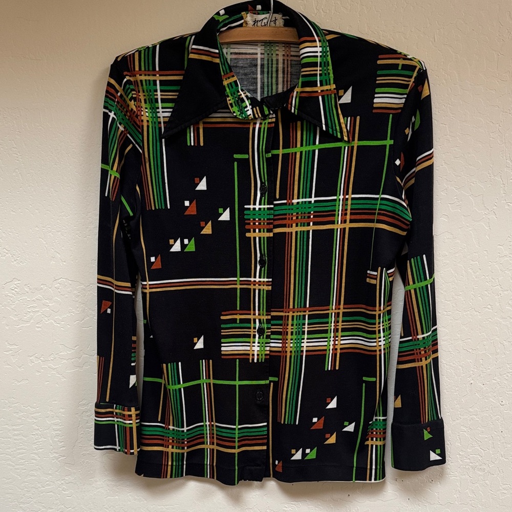 Vintage Geometric Pattern Button-Down 1970’s Disc… - image 1